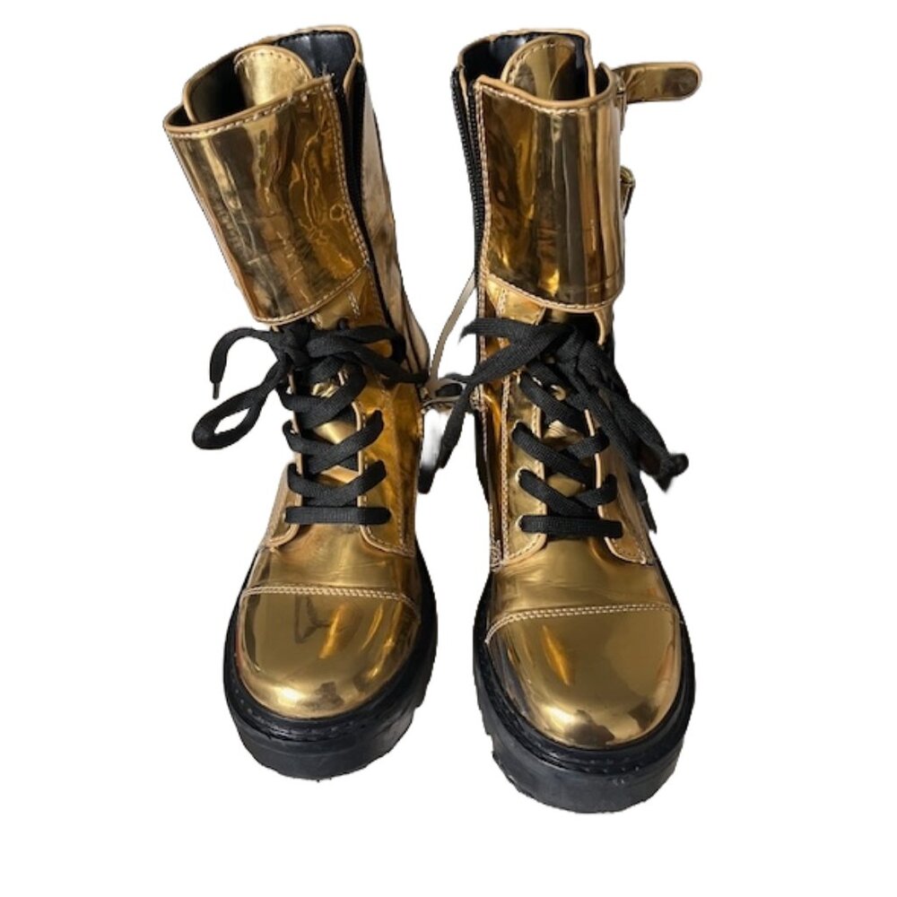 DKNY Bart Lace-Up Buckled Lug Sole Boots, Combat, Metallic, Moto, Sz: 5.5, NWT**